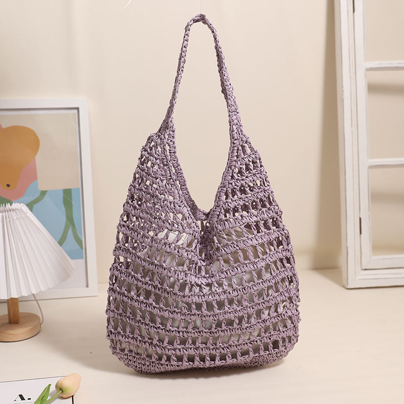 French Large Capacity Shoulder Straw Bag Hollow Out Cutout Tote Portable Straw Bag Woven Bag Seaside Vacation Beach Bag