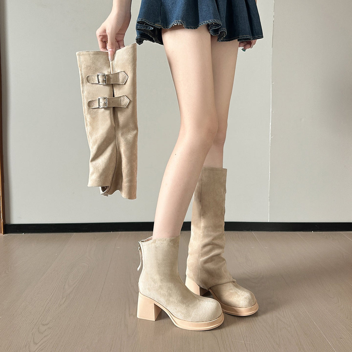 Two Way Wear Long Boots Autumn Winter Detachable Pile Boots Thick High Heel Platform High Leg Boot Retro Pantyhose Boots
