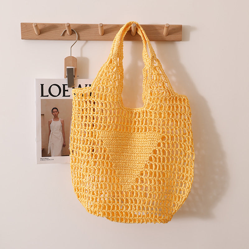 Large Capacity Hollow Out Cutout Straw Bag Fresh Candy Color One Shoulder Tote Woven Bag Portable Women Beach Bag