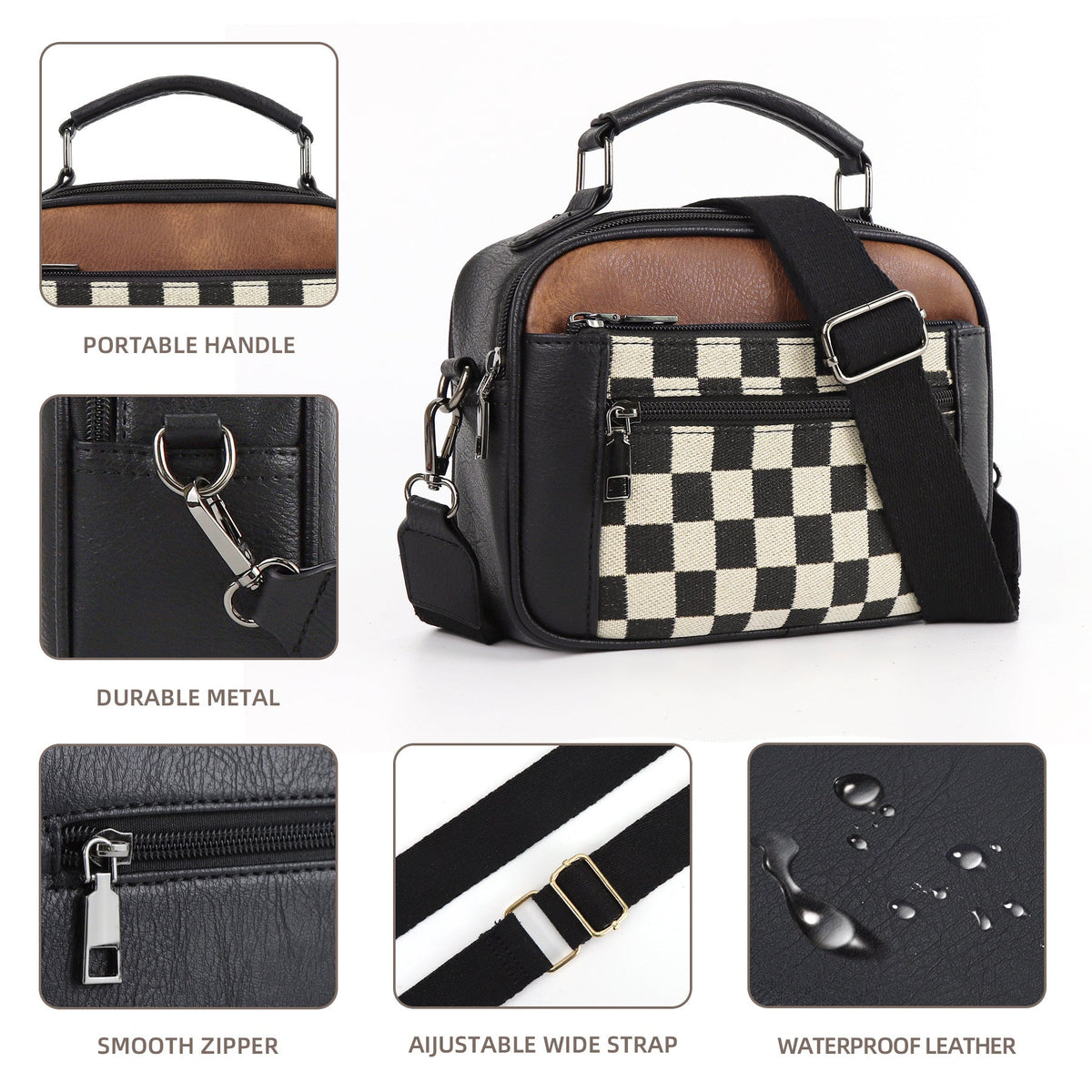 Chessboard double zipper small crossbody bag,Tote small crossbodyPU square bag, Small Crossbody Purse for Women Triple Zip,