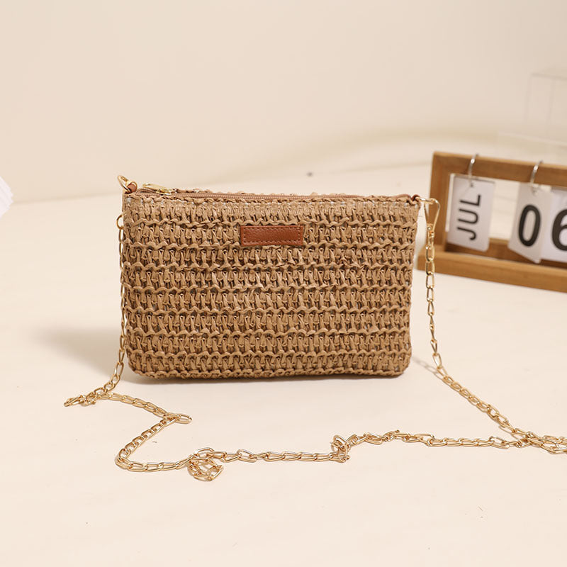 Small Fresh Crossbody Straw Bag Solid Color Square Clutch Vacation Beach Bag Woven Bag