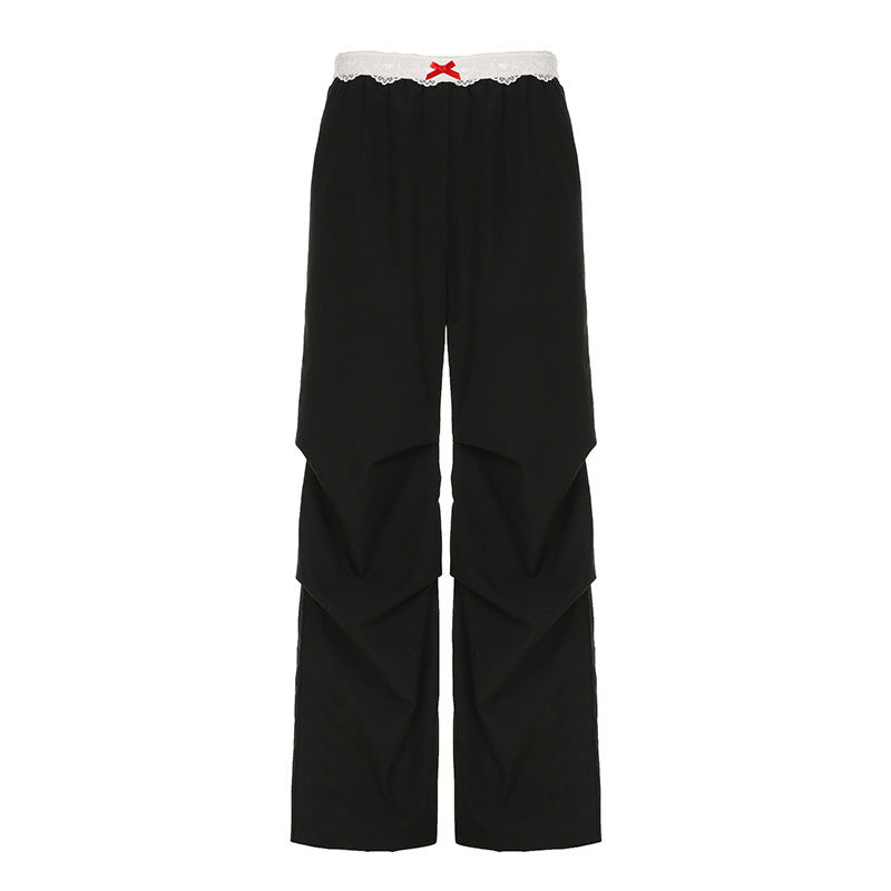 Street Stitching Lace Contrast Color Waist Head Women Summer Wide Leg Mopping Woven Trouser