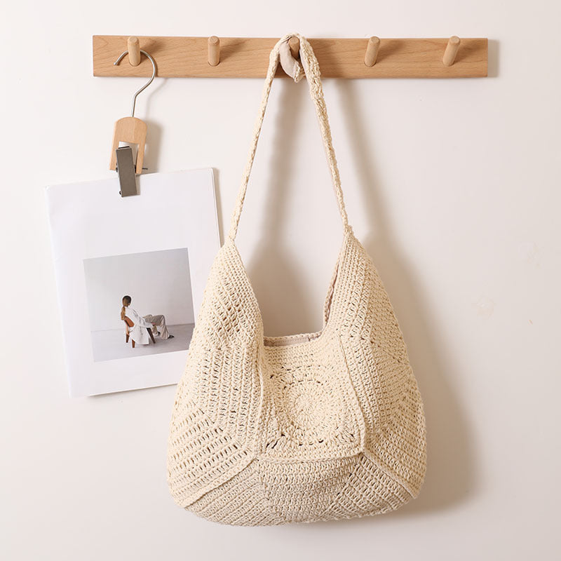 High Grade Single Shoulder Large Capacity Cotton Thread Woven Bag Hollow Out Cutout Floral Straw Bag Vacation Beach Bag Women Bag