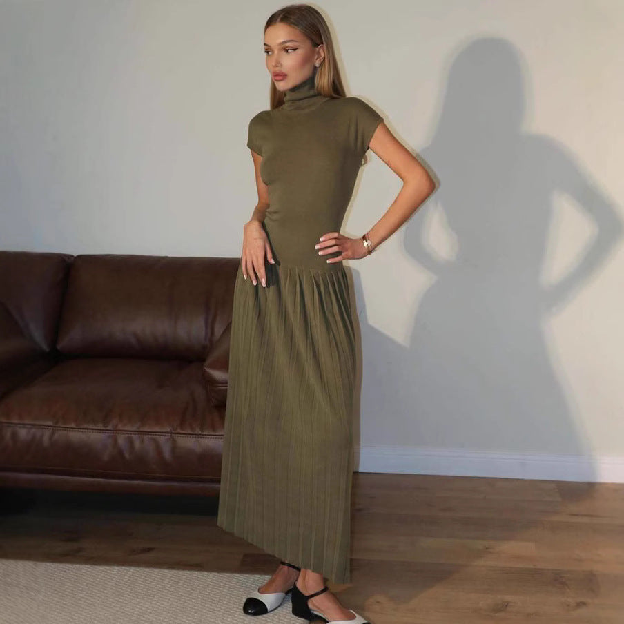Knitted Dress Casual Waist Tight High Neck Ribbing Pleated Slim Knitted Dress Women