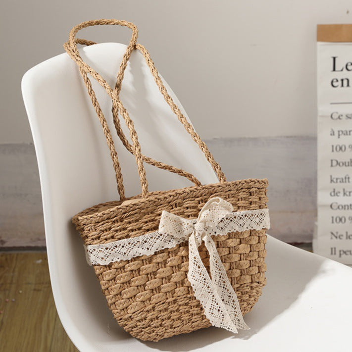 Straw Bag Lace Bow Woven Bag Fairy Seaside Vacation Beach Bag Women Bag