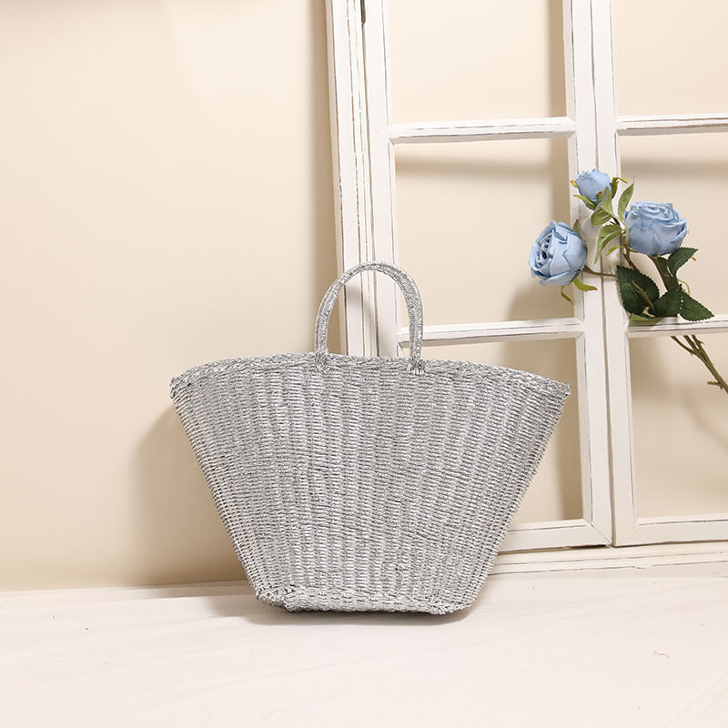 Silver Portable Straw Weaved Bag Metal Sense Large Capacity Hand Carrying Woven Bag Women Seaside Vacation Beach Bag