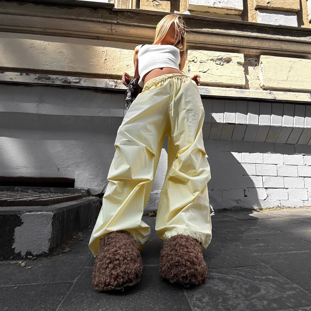 Wide Leg Trousers Women Autumn Low Waist Drawstring Trousers Pleated Pure Cotton Workwear Trousers Women