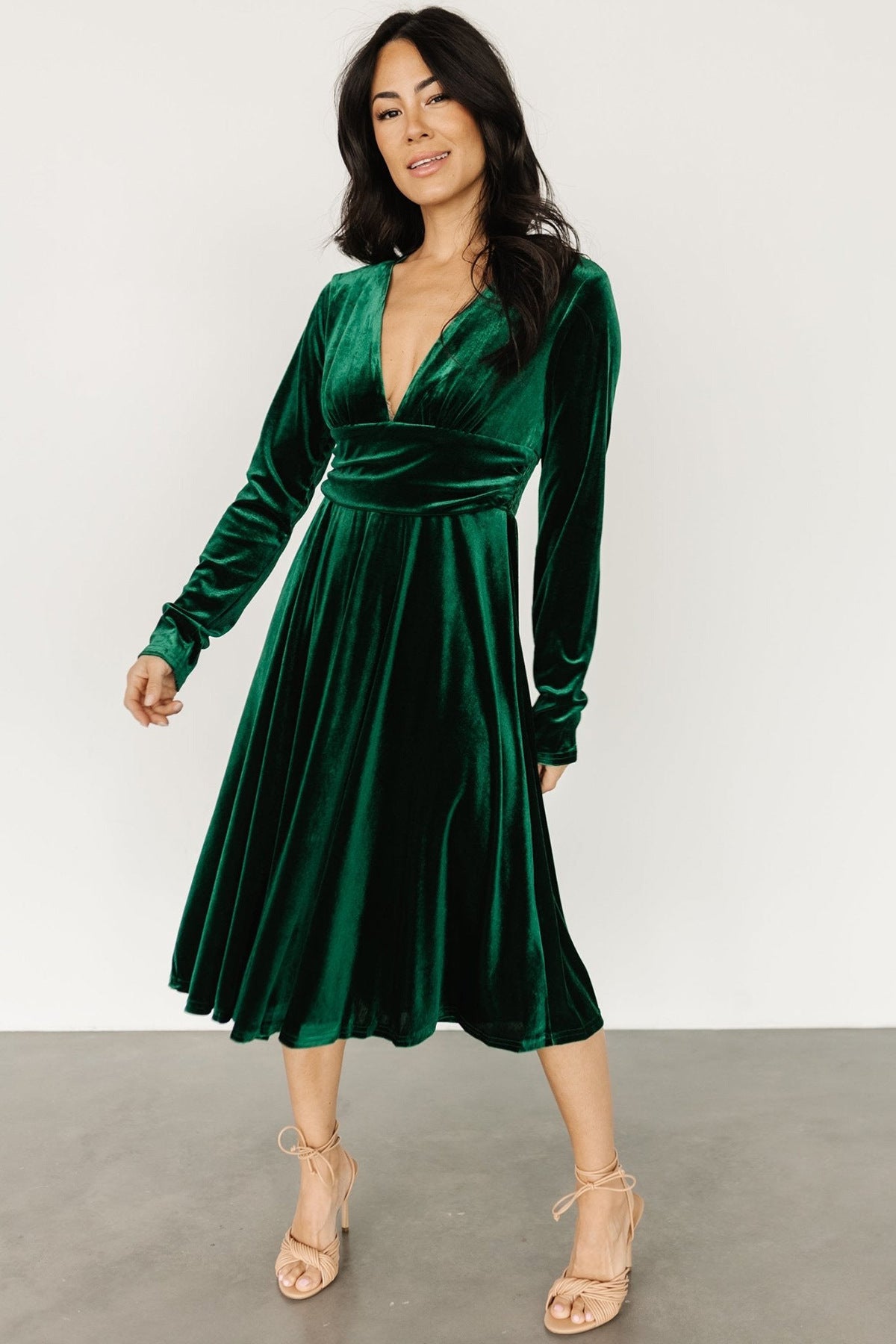 Dress Gold Velvet Sexy V neck Waist Controlled Long Sleeves Large Swing Dress