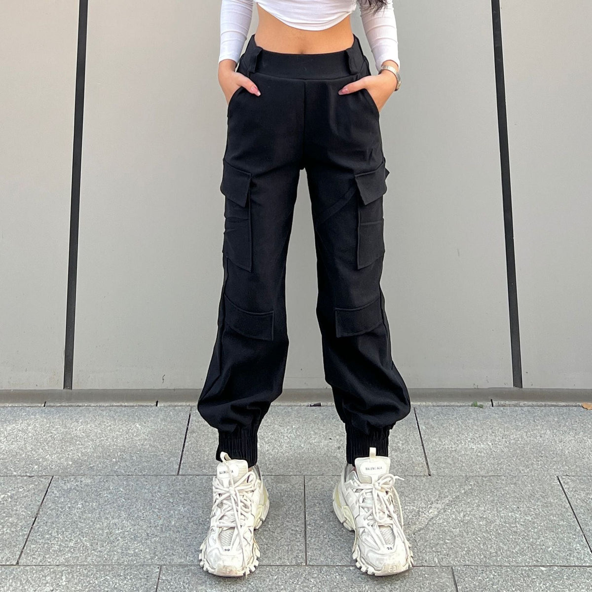 Trendy Cargo Pants High Street Women Pants Sweatpants Multi Pocket Trousers Loose Street Straight Ankle Tied Trousers