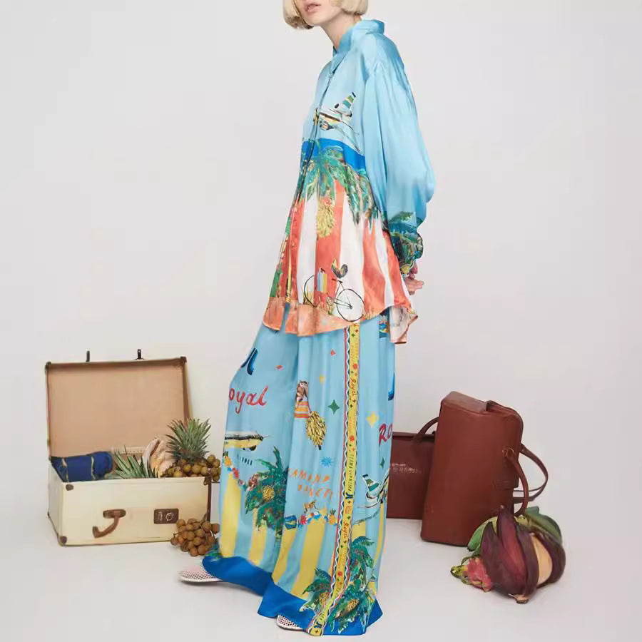 Spring Autumn Long Sleeve Printed Pocket Suit Casual Loose Vacation Two Piece Set Women