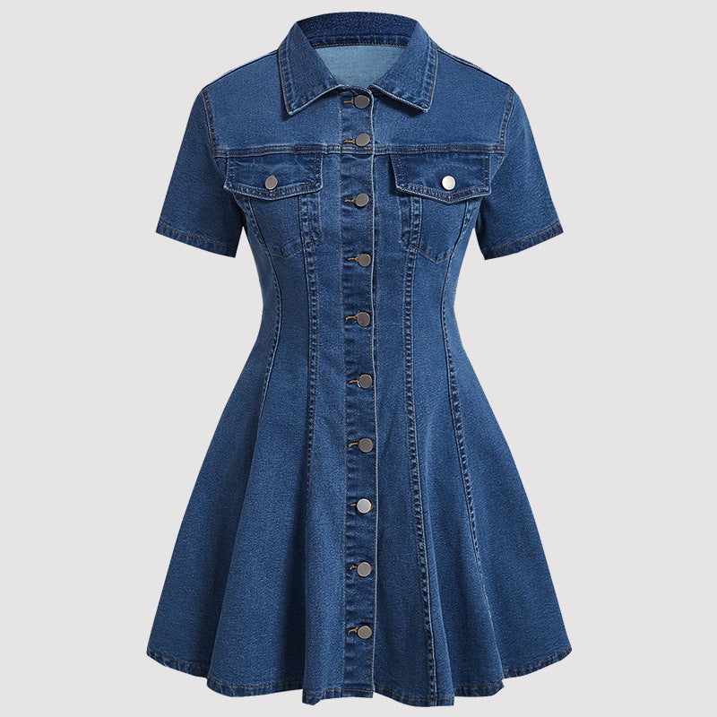 Women Clothing Denim Short Sleeved Cardigan Waist Tight Dress