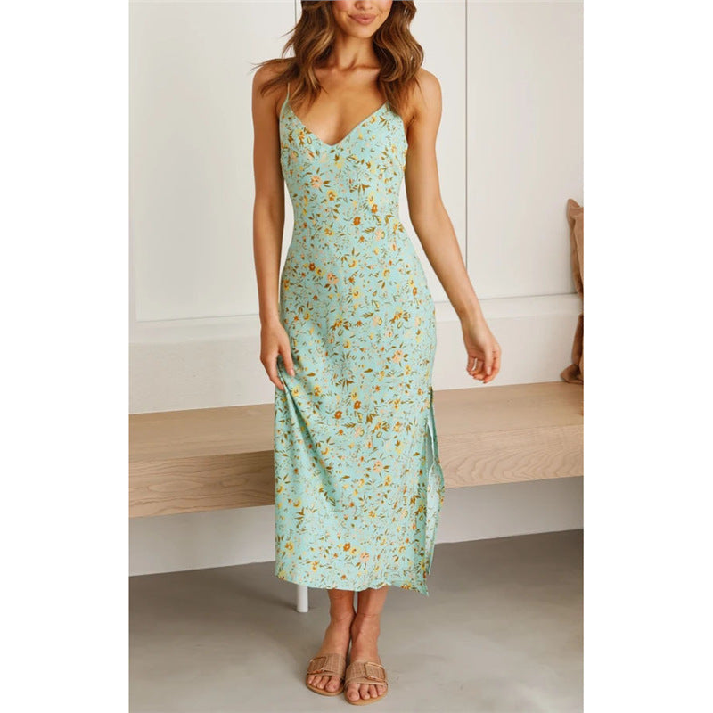 Floral Deep V Suspender Split Dress - Women's Spaghetti Strap Summer Dress