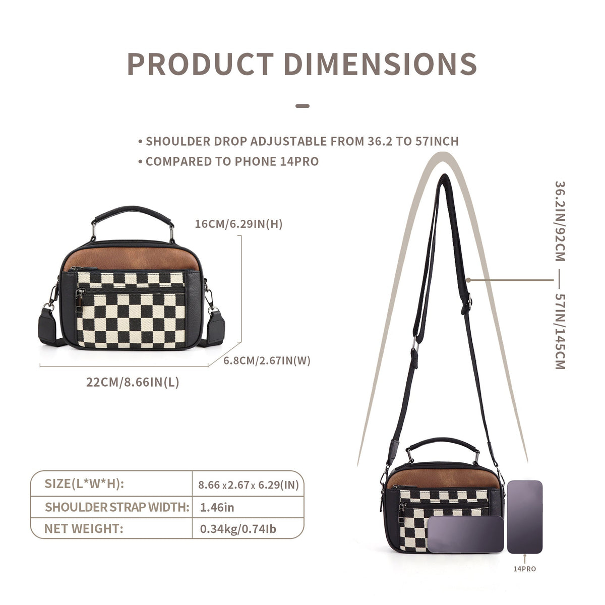 Chessboard double zipper small crossbody bag,Tote small crossbodyPU square bag, Small Crossbody Purse for Women Triple Zip,