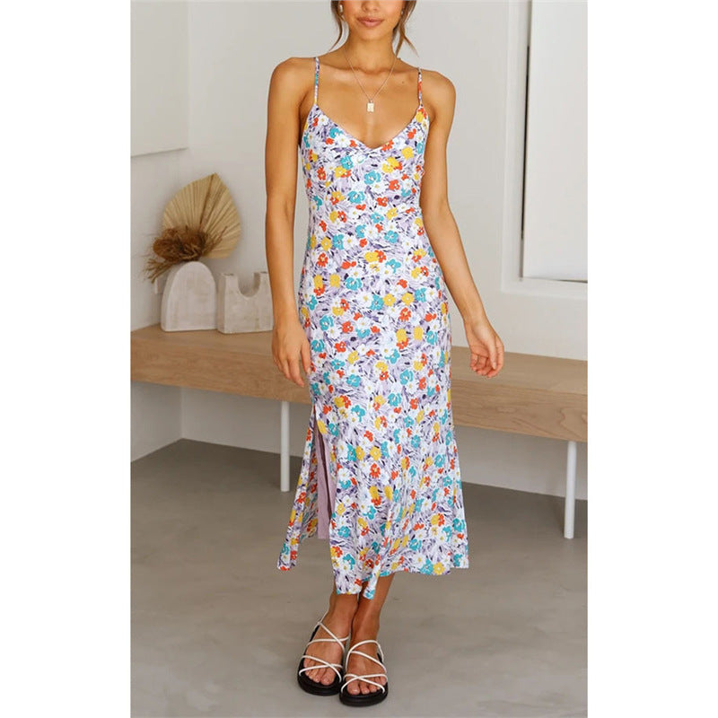 Floral Deep V Suspender Split Dress - Women's Spaghetti Strap Summer Dress