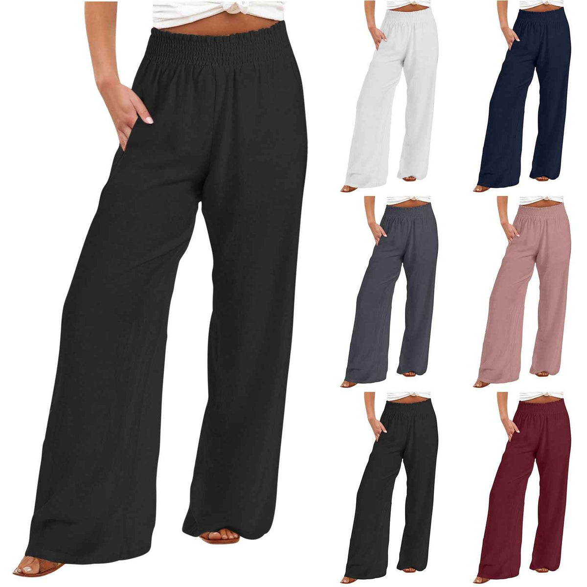 Women's Shirred Waist Wide Leg Pants