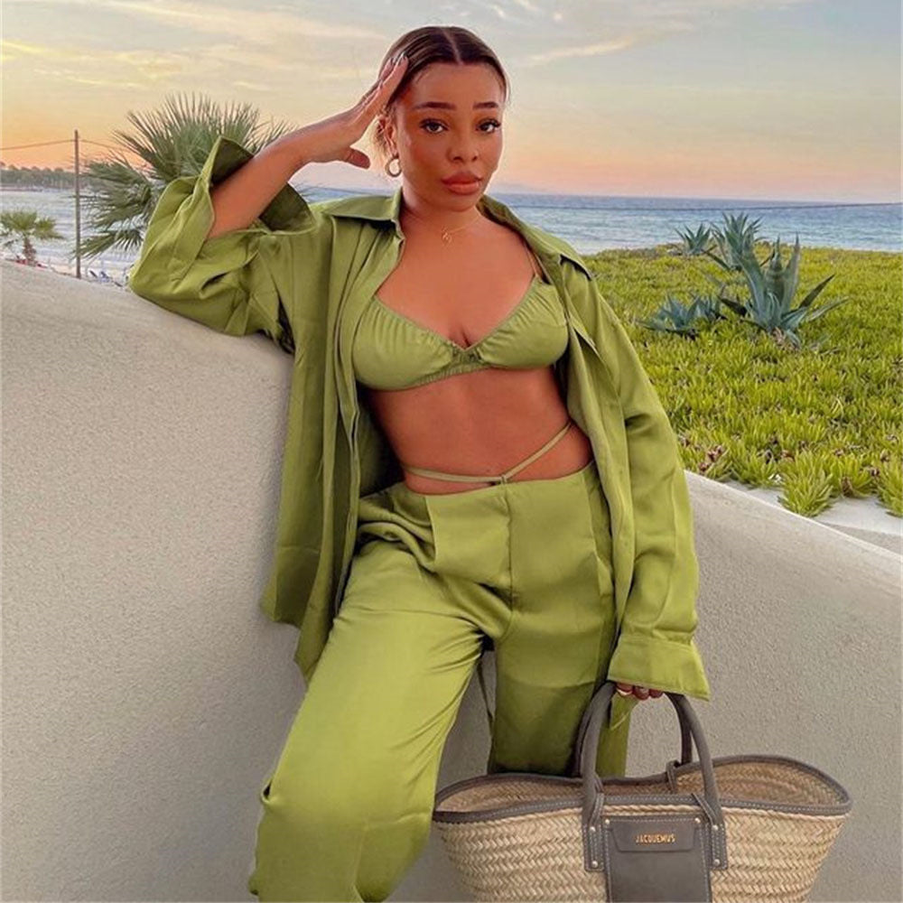 Sexy Women Wear Spring Summer Casual Vacation Three Piece Suit Satin Shirt Vest Straight Leg Pants Suit