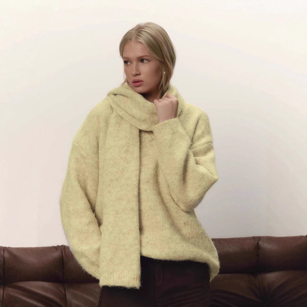 Loose Lazy Soft Wool Sweater Women Autumn Winter Pullover Loose Sweater Scarf Set