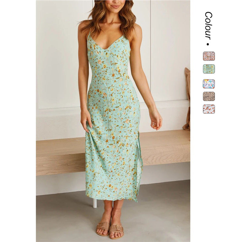Floral Deep V Suspender Split Dress - Women's Spaghetti Strap Summer Dress