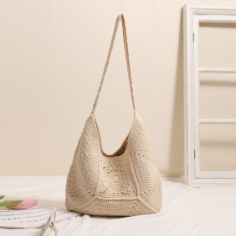 High Grade Single Shoulder Large Capacity Cotton Thread Woven Bag Hollow Out Cutout Floral Straw Bag Vacation Beach Bag Women Bag
