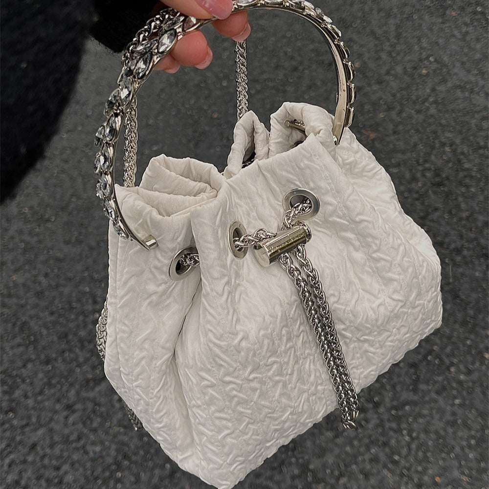 Rhinestone chain handbag women, fashion drawstring bucket bag evening clutch purse party Prom bag Party purse Prom bags clutches