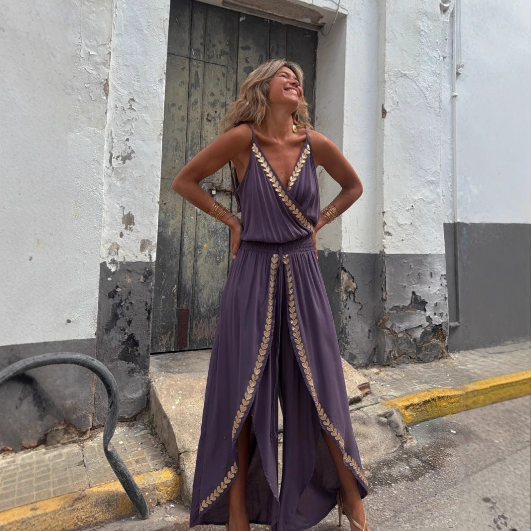 Golden Ribbon Trim Tight Waist V neck Loose Sling Jumpsuit