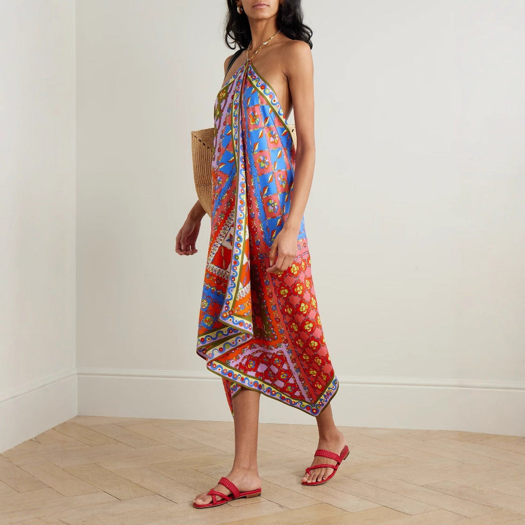 Sexy Positioning Printing Satin Backless Halter Dress Women