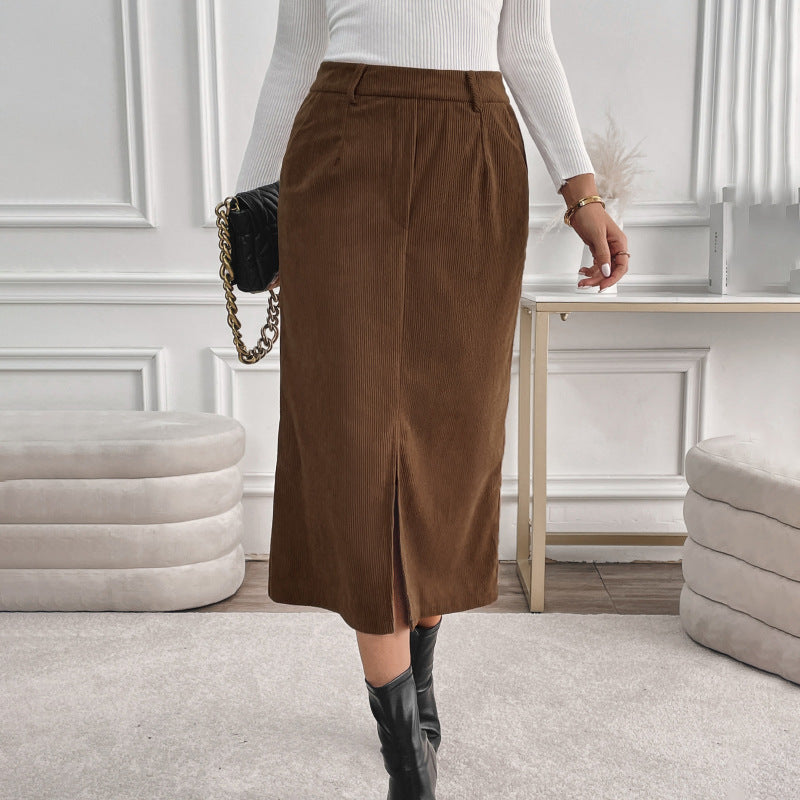 Retro Corduroy Skirt Autumn Winter Elegant Office Split Skirt Women