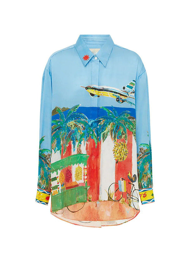 Spring Autumn Long Sleeve Printed Pocket Suit Casual Loose Vacation Two Piece Set Women