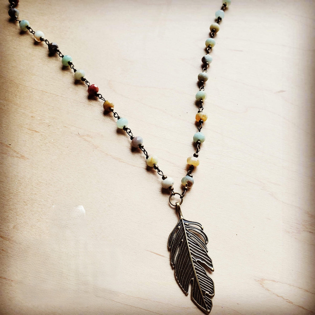 Amazonite Beaded Necklace with Antique Gold Feather 251x