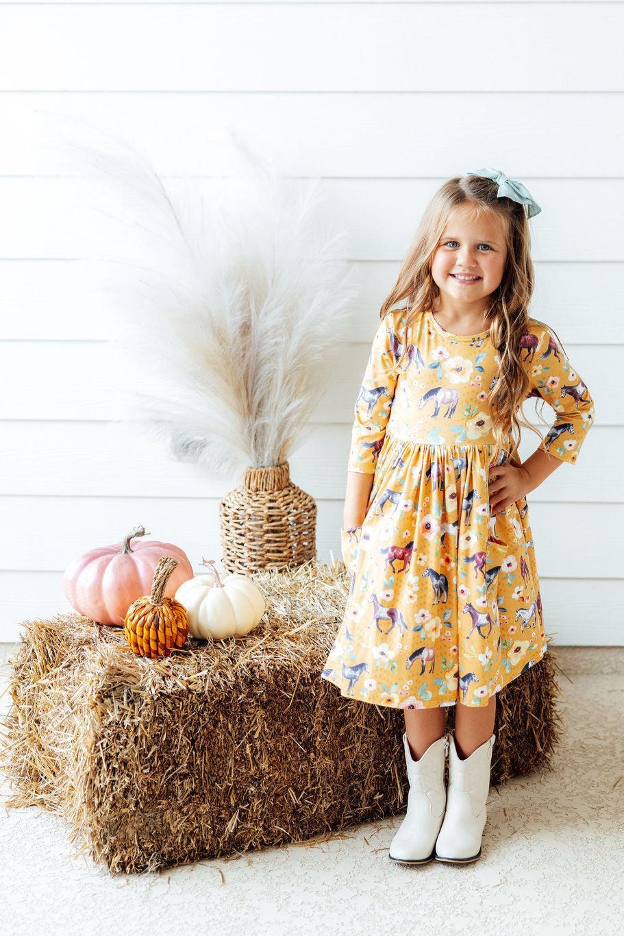 Ponies & Poppies 3/4 Sleeve Pocket Twirl Dress
