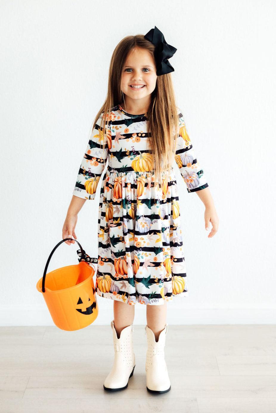 Pumpkins & Peonies 3/4 Sleeve Pocket Twirl Dress