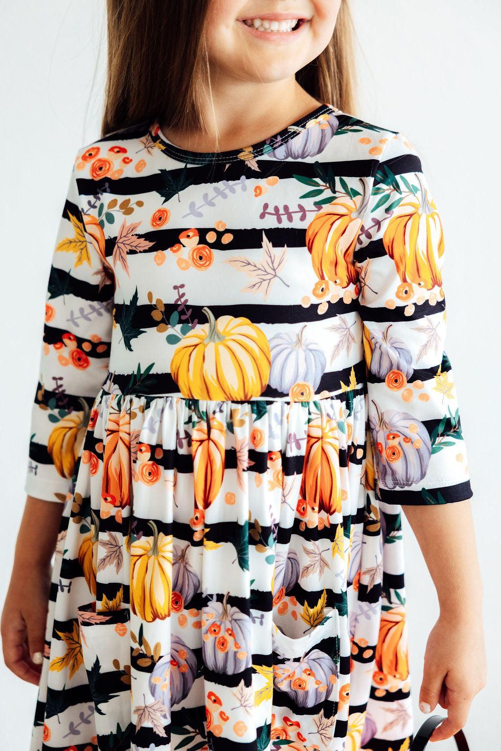 Pumpkins & Peonies 3/4 Sleeve Pocket Twirl Dress