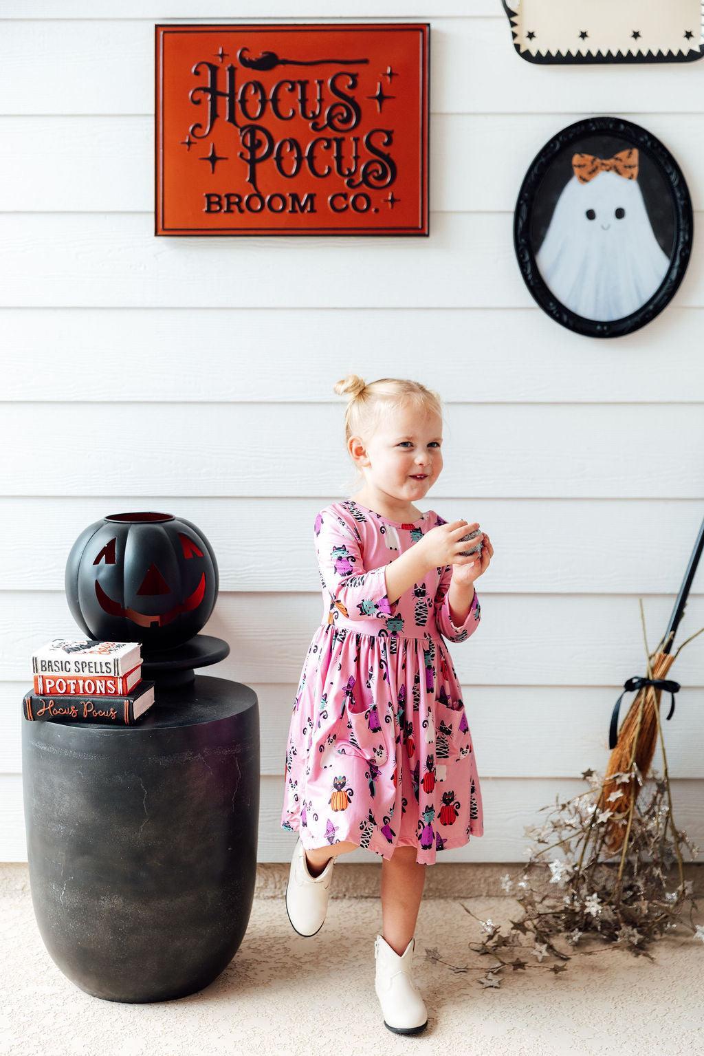 Purr-fectly Spooky 3/4 Sleeve Pocket Twirl Dress