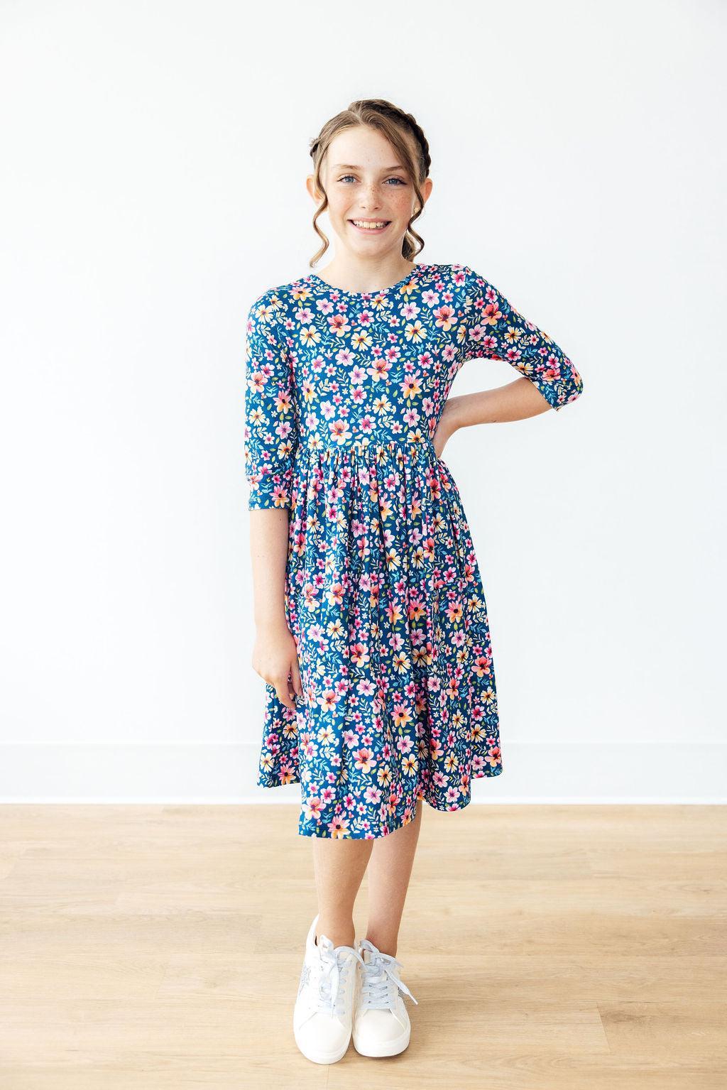Rainforest Blooms 3/4 Sleeve Pocket Twirl Dress