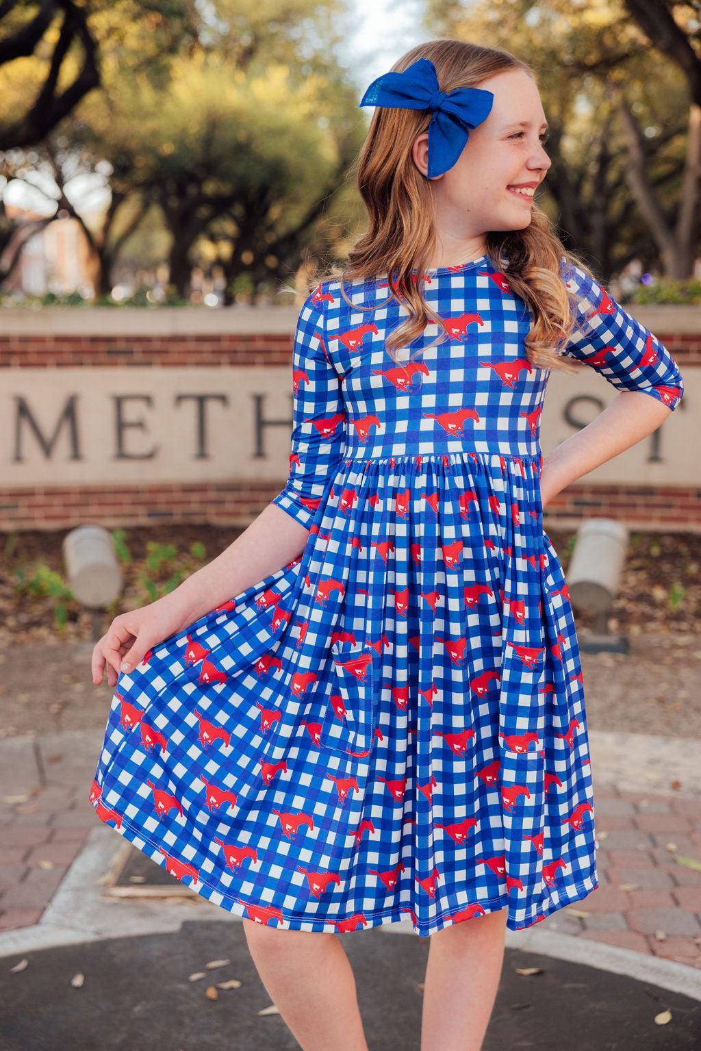 SMU Plaid Mustang 3/4 Sleeve Pocket Twirl Dress