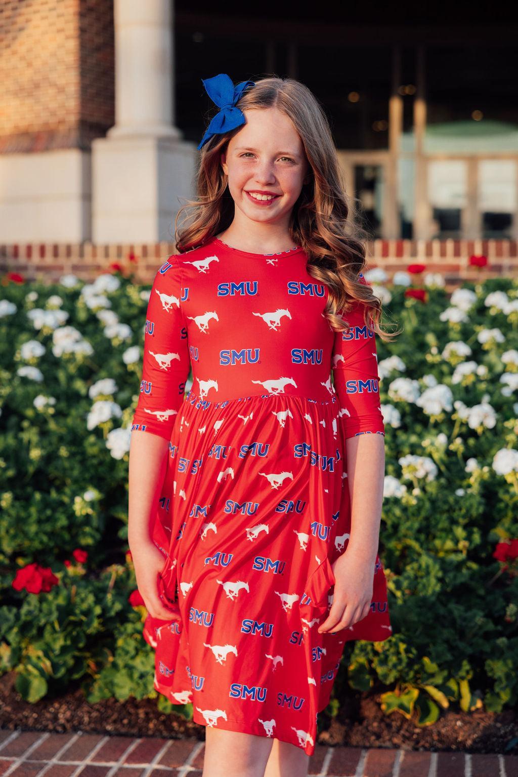 SMU Red Mustang 3/4 Sleeve Pocket Twirl Dress