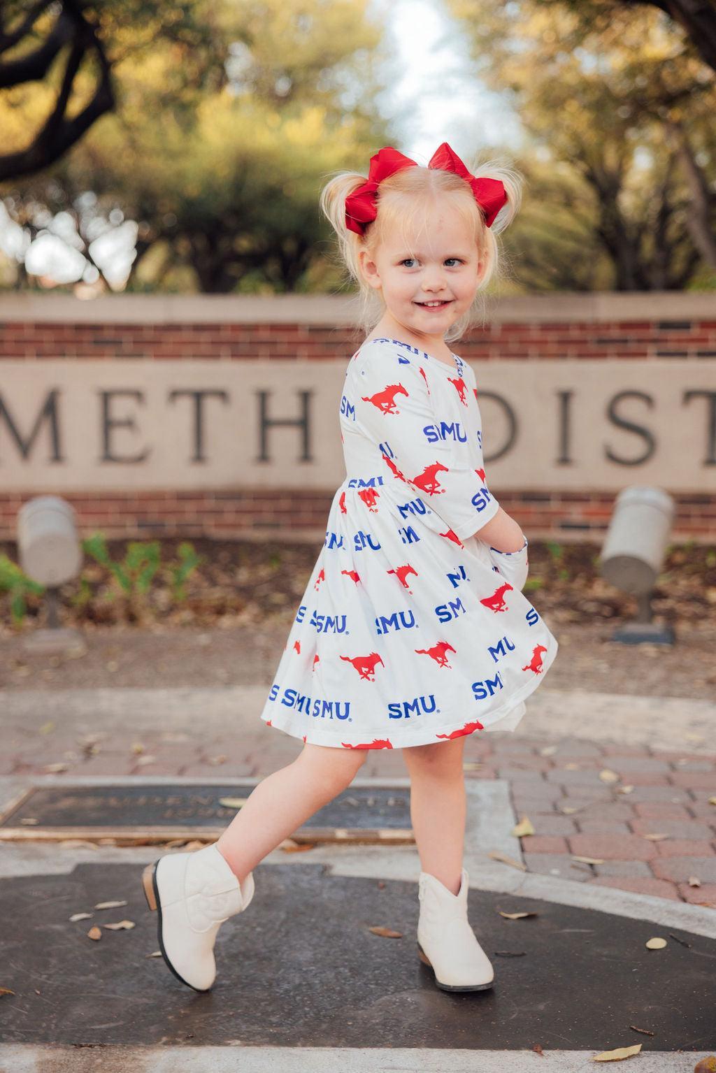 SMU White Mustang 3/4 Sleeve Pocket Twirl Dress