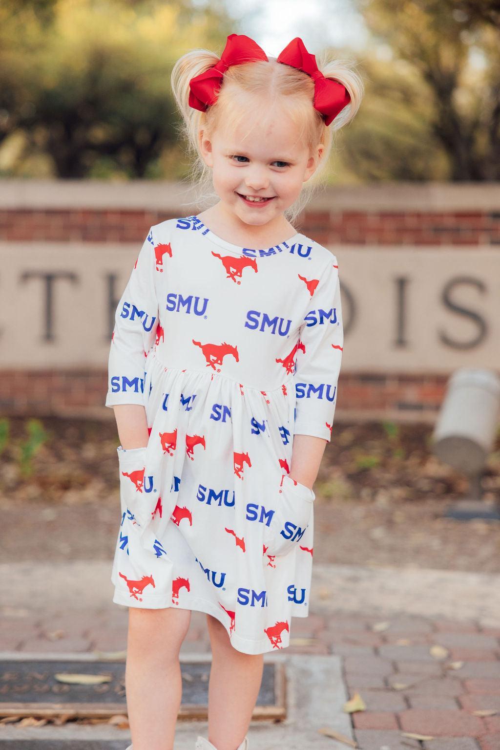 SMU White Mustang 3/4 Sleeve Pocket Twirl Dress