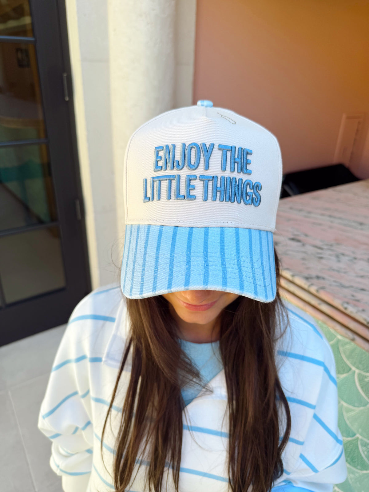 Enjoy the Little Things - Blue Stripe Vintage Trucker Hat