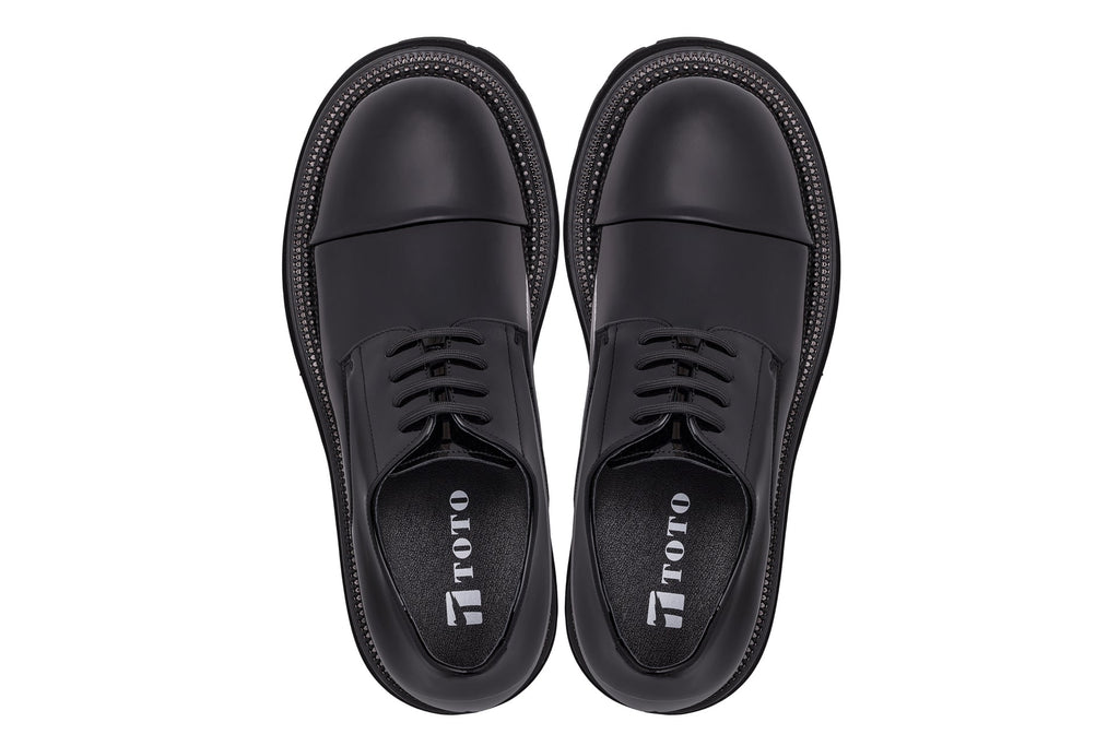 TOTO - W0983 - 3.3 Inches Taller (Black Patent Leather) - Low Top Chunky Sole Cap-Toe Casual Derbies