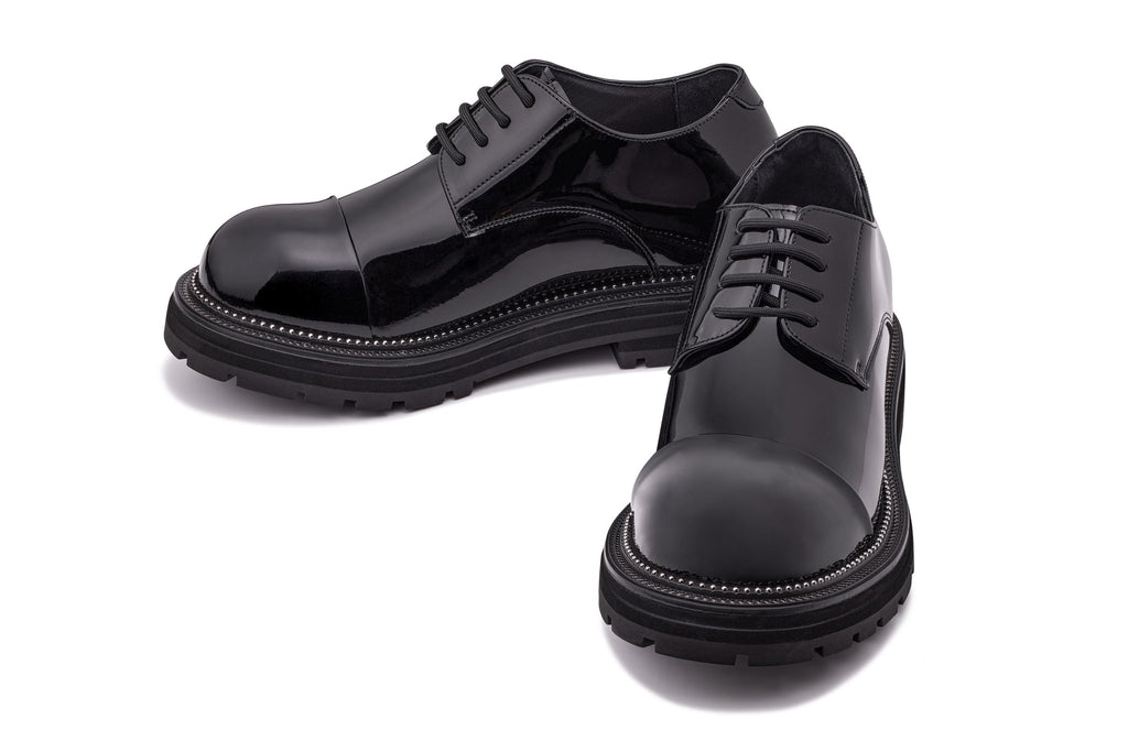 TOTO - W0983 - 3.3 Inches Taller (Black Patent Leather) - Low Top Chunky Sole Cap-Toe Casual Derbies