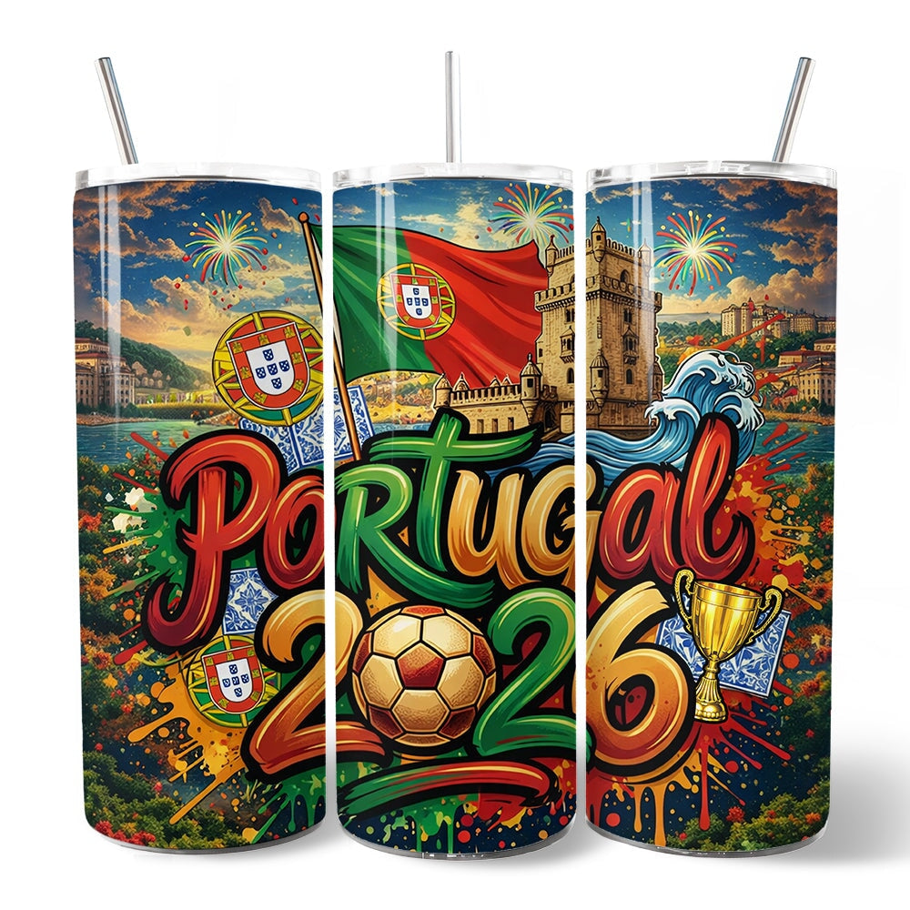 Portugal 2026 Soccer Cup Global Championship 20oz Tumbler With Lid and Stainless Steel Straw, Fans Football Gift Cup