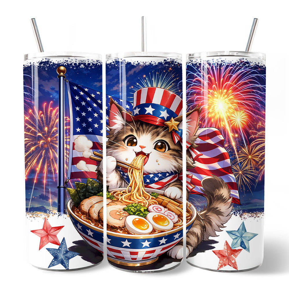 Kawaii Patriotic Ramen Maine Coon Cat 20oz Personalized Tumbler With Lid and Stainless Steel Straw, Japanese Anime Gift Cup