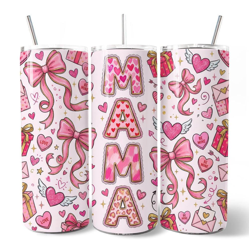 Valentine Mama Coquette Bow 20oz Personalized Tumbler With Lid and Stainless Steel Straw, Charming Pink Love Pattern Gift Cup