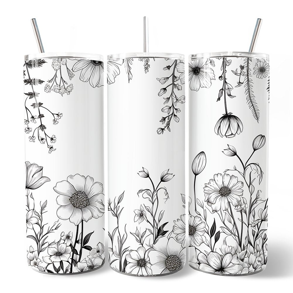 White and Black Wild Flowers Tumbler With Lid and Stainless Steel Straw, Beautiful Spring Travel Mug Gift