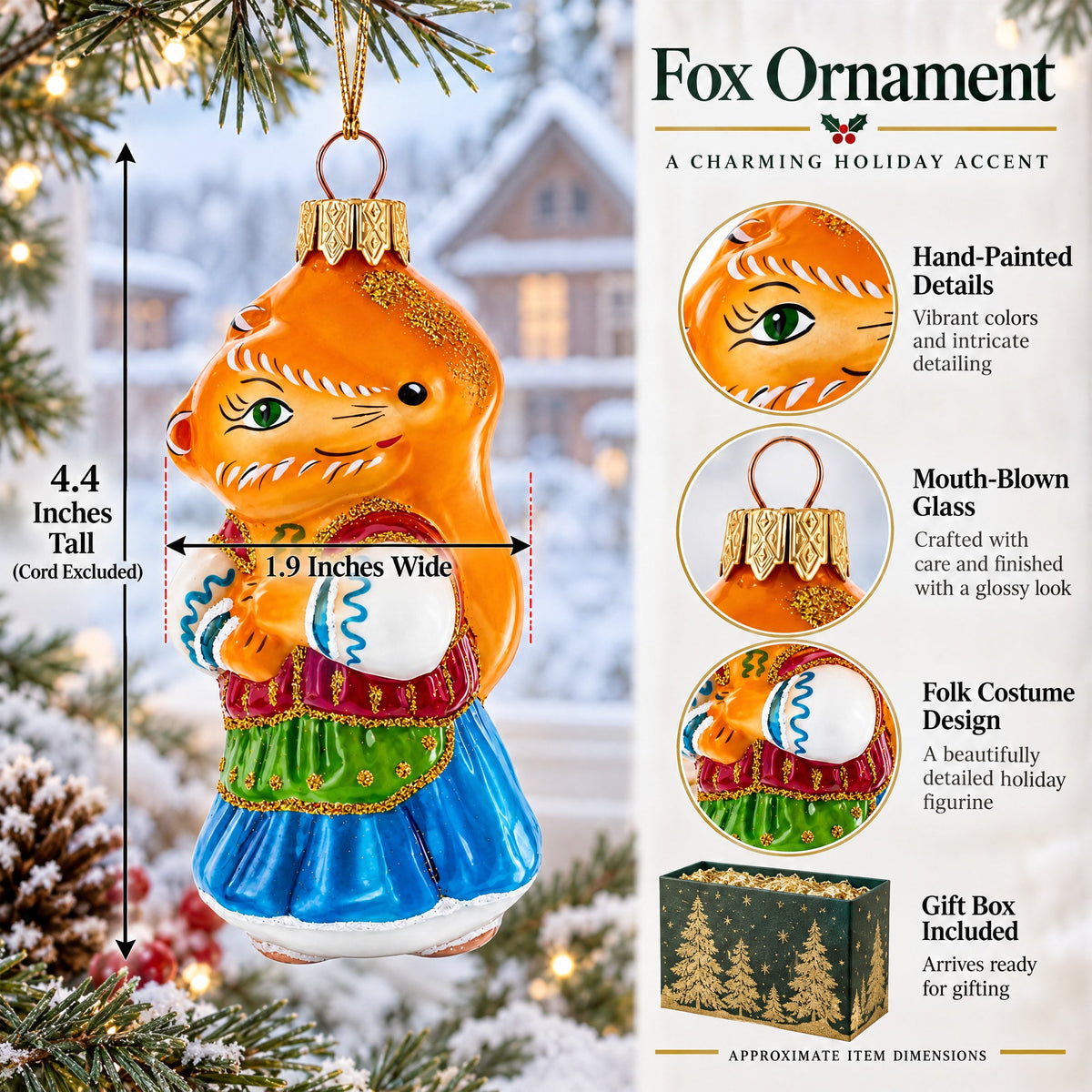 Fox in Folk Embroidered Costume Glass Christmas Ornament