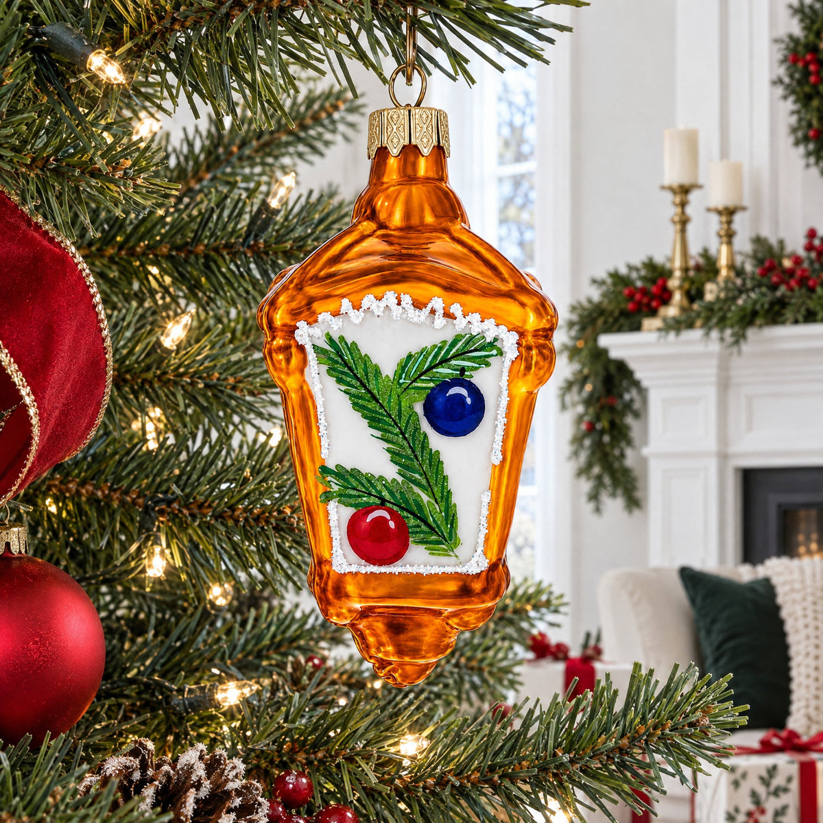 Lantern with Pine Branch Glass Christmas Ornament