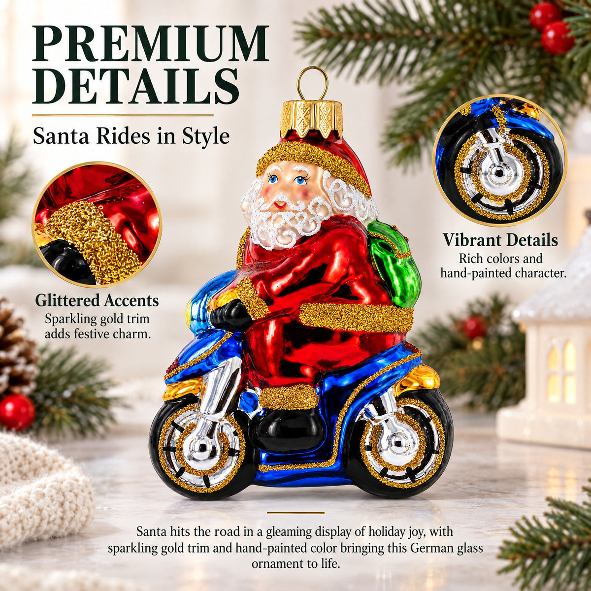 Santa on Motorcycle with Green Backpack Glass Christmas Ornament