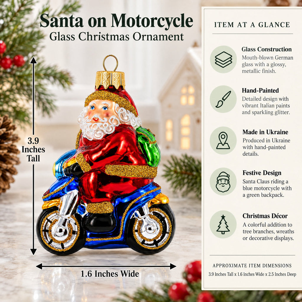 Santa on Motorcycle with Green Backpack Glass Christmas Ornament