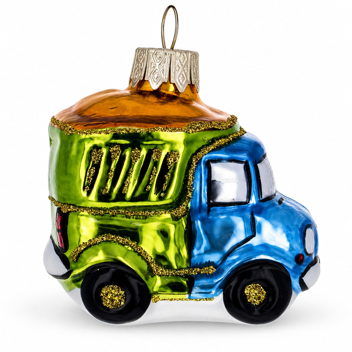 Blue and Green Dump Truck Mini Glass Christmas Ornament